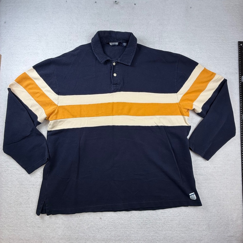 VTG American Eagle Mens XL Long Sleeve Rugby Polo Shirt Navy Striped Y2K  90s